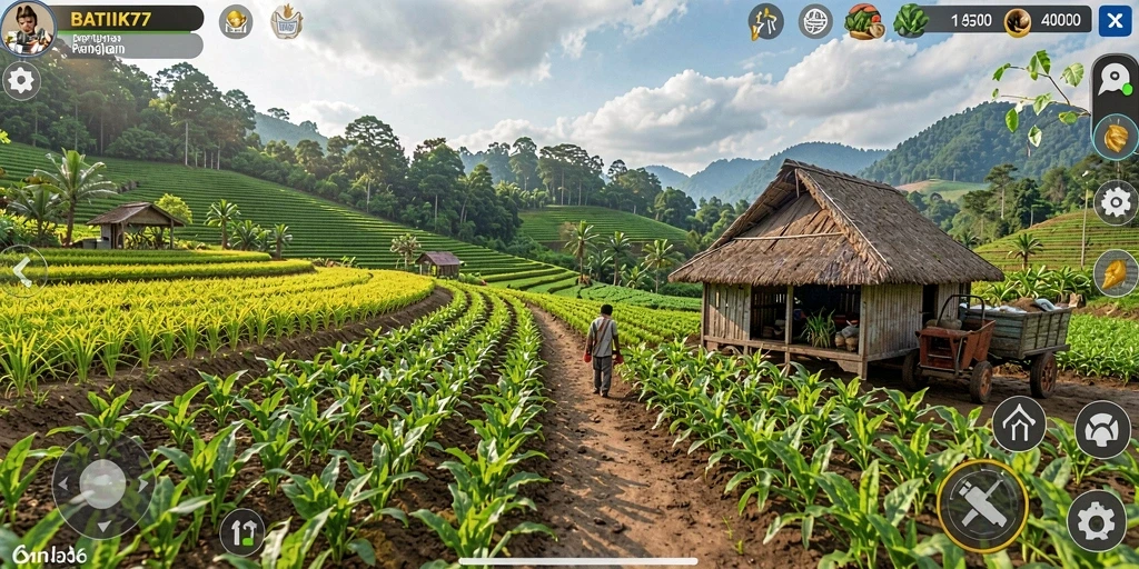 Screenshot gameplay BATIK77 menunjukkan taman yang subur dan beragam tanaman.