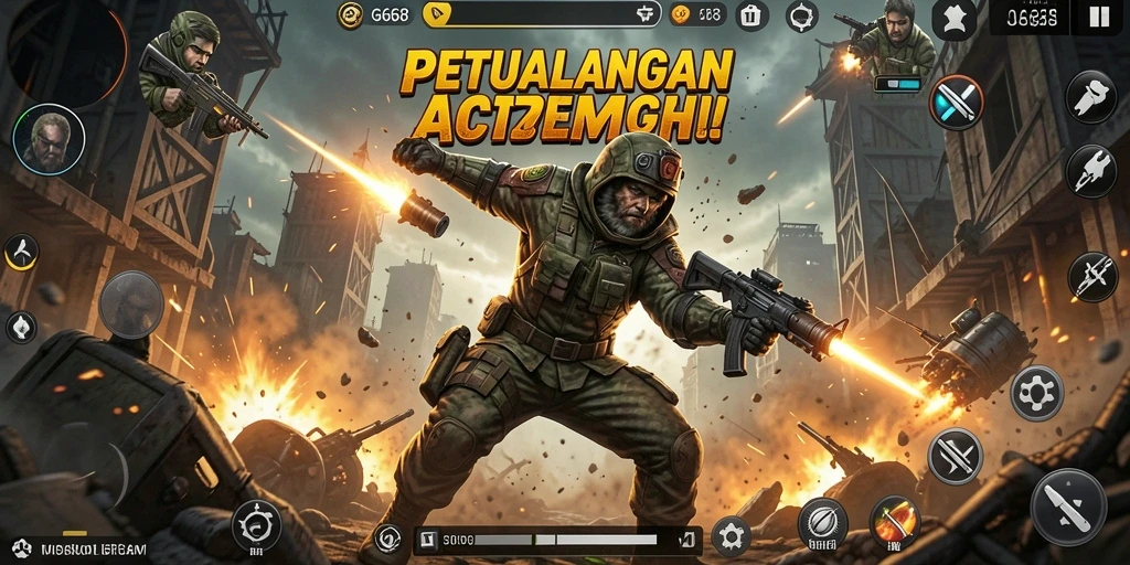 Screenshot gameplay G668 yang menunjukkan aksi mendebarkan di medan perang.