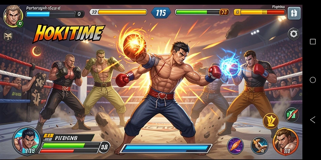 Screenshot HOKITIME menampilkan pertarungan seru dan aksi dramatis.