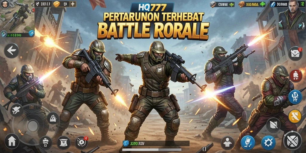 Tangkapan layar gameplay HQ777 menunjukkan aksi intens dalam pertempuran Battle Royale.
