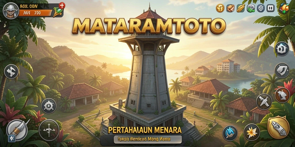 Screenshot gameplay MATARAMTOTO menampilkan aksi menara bertahan melawan gelombang musuh.