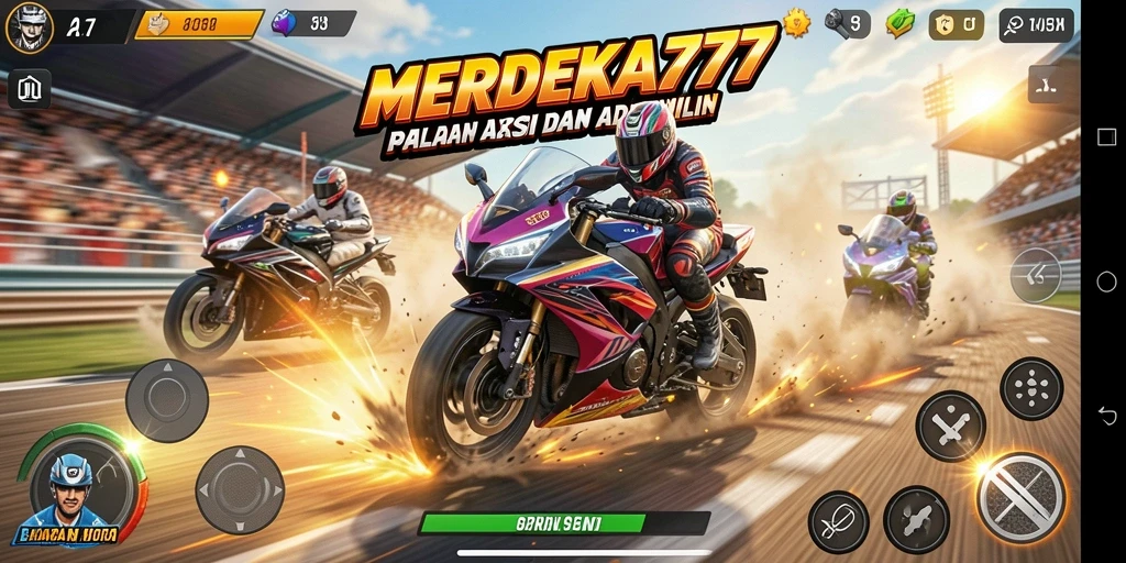 Screenshot gameplay MERDEKA777 yang menunjukkan aksi balapan menegangkan.