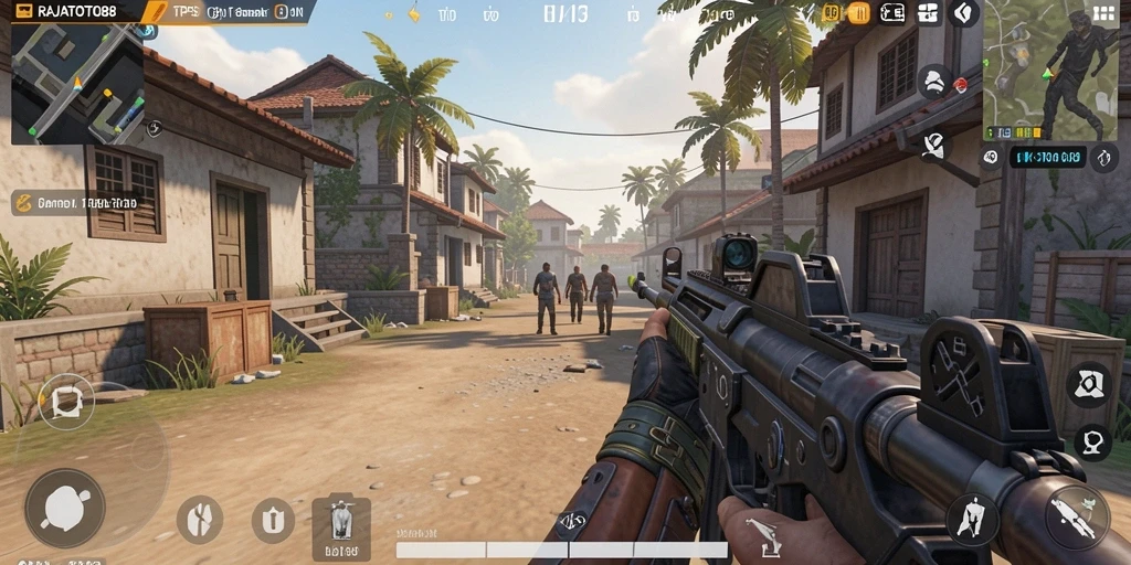 Screenshot gameplay RAJATOTO88 menampilkan aksi seru dalam pertempuran TPS.
