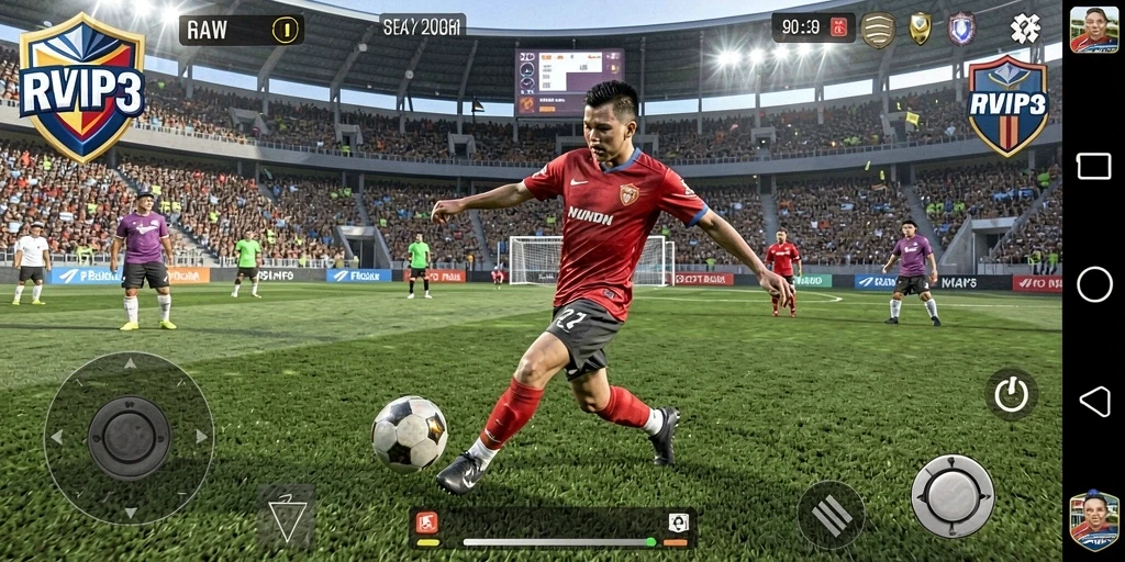 Screenshot gameplay RVIP3 menunjukkan aksi sepak bola yang mendebarkan.