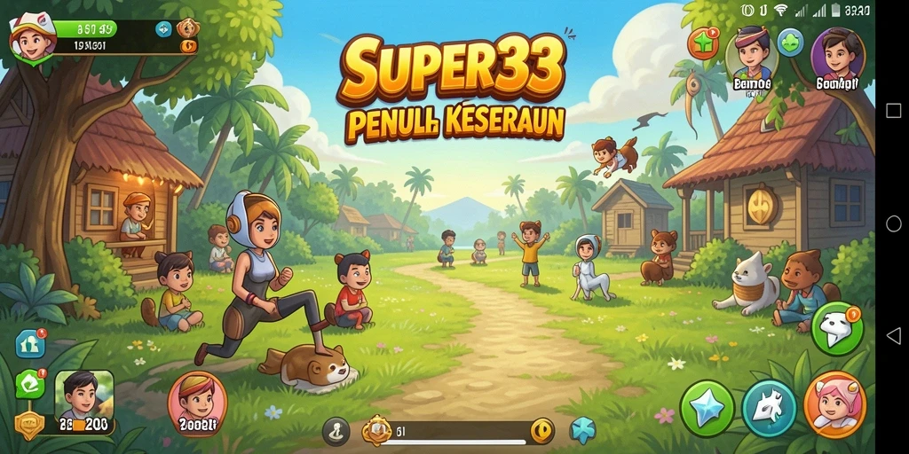 Screenshot gameplay SUPER33 yang menampilkan karakter lucu dan gameplay santai.