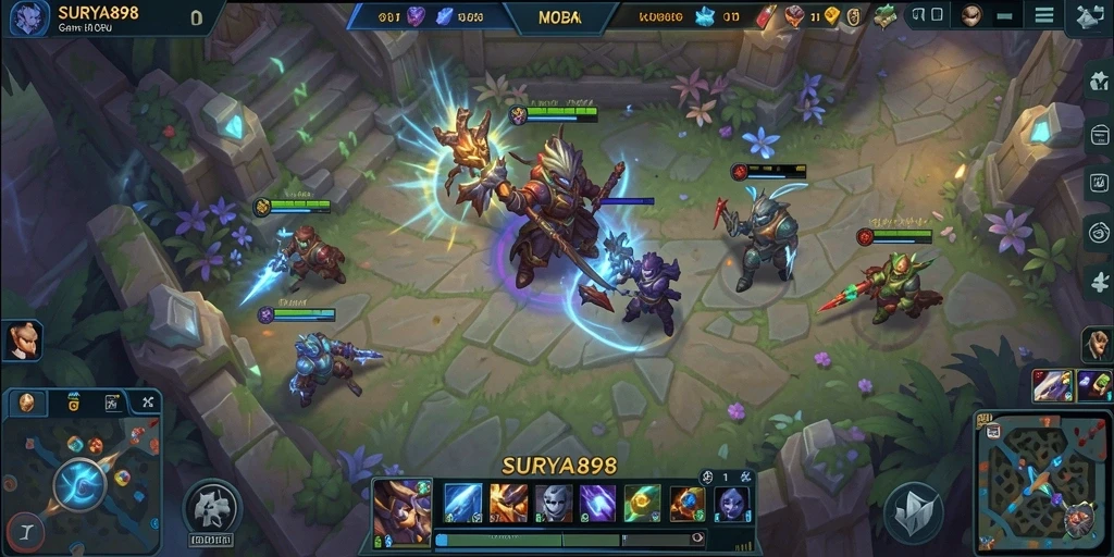 Tangkapan layar menunjukkan aksi gameplay MOBA yang intens.